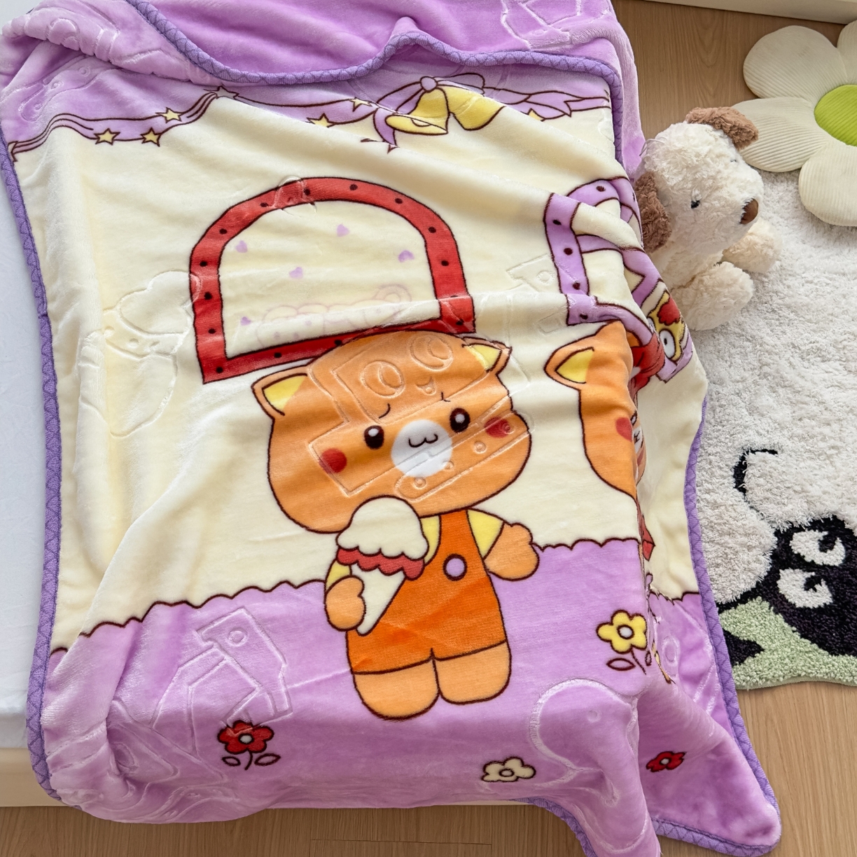 91家纺网 家纺一手货源 找家纺 悦织湾家纺 2025新款拉舍尔双层云绒童毯毯子卡通休闲沙发盖毯毛毯儿童婴幼儿宝宝小毯子 可爱小熊24#紫