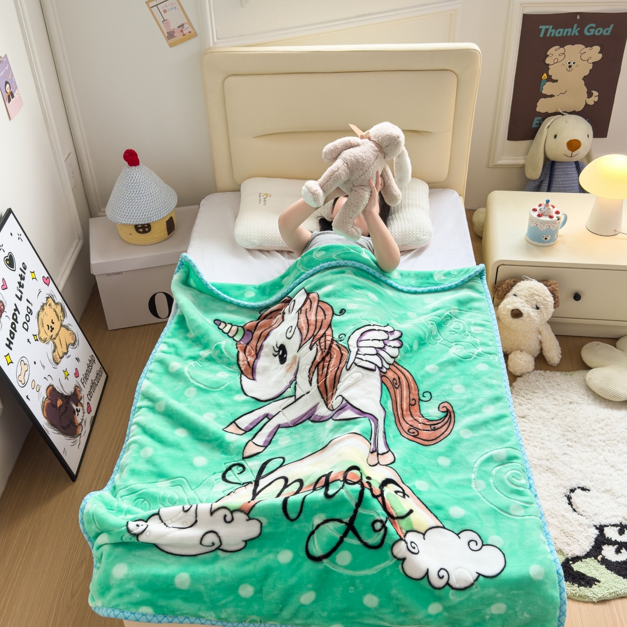 91家纺网 家纺一手货源 找家纺 悦织湾家纺 2025新款拉舍尔双层云绒童毯毯子卡通休闲沙发盖毯毛毯儿童婴幼儿宝宝小毯子 快乐恐龙3#绿