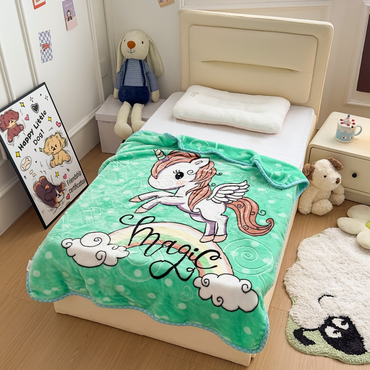 91家纺网 家纺一手货源 找家纺 悦织湾家纺 2025新款拉舍尔双层云绒童毯毯子卡通休闲沙发盖毯毛毯儿童婴幼儿宝宝小毯子 快乐恐龙3#绿