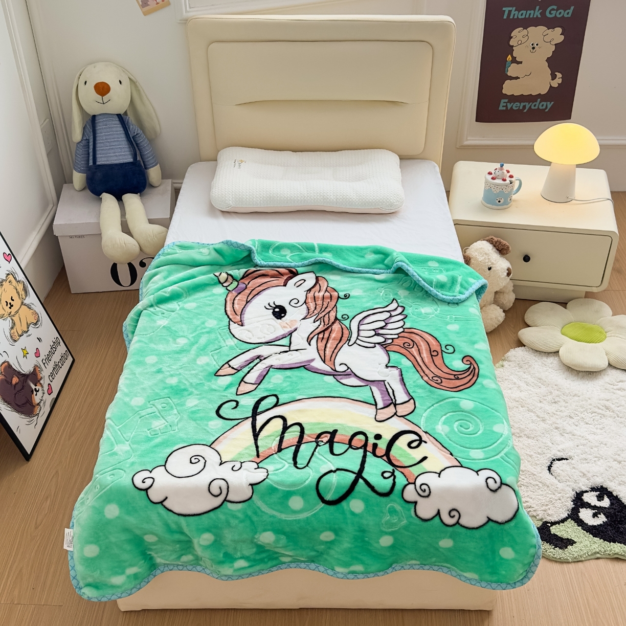 91家纺网 家纺一手货源 找家纺 悦织湾家纺 2025新款拉舍尔双层云绒童毯毯子卡通休闲沙发盖毯毛毯儿童婴幼儿宝宝小毯子 快乐恐龙3#绿