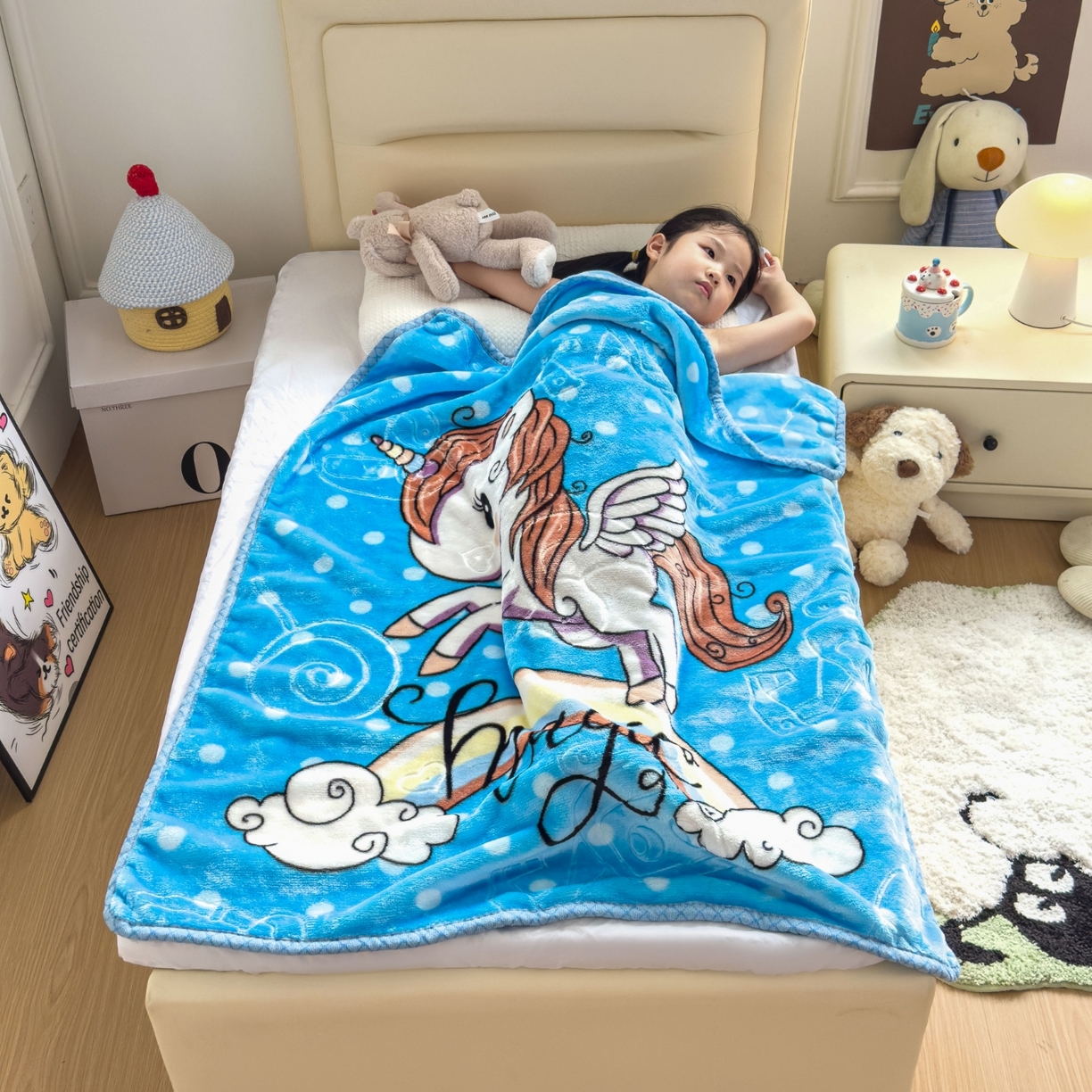 91家纺网 家纺一手货源 找家纺 悦织湾家纺 2025新款拉舍尔双层云绒童毯毯子卡通休闲沙发盖毯毛毯儿童婴幼儿宝宝小毯子 快乐恐龙13#蓝