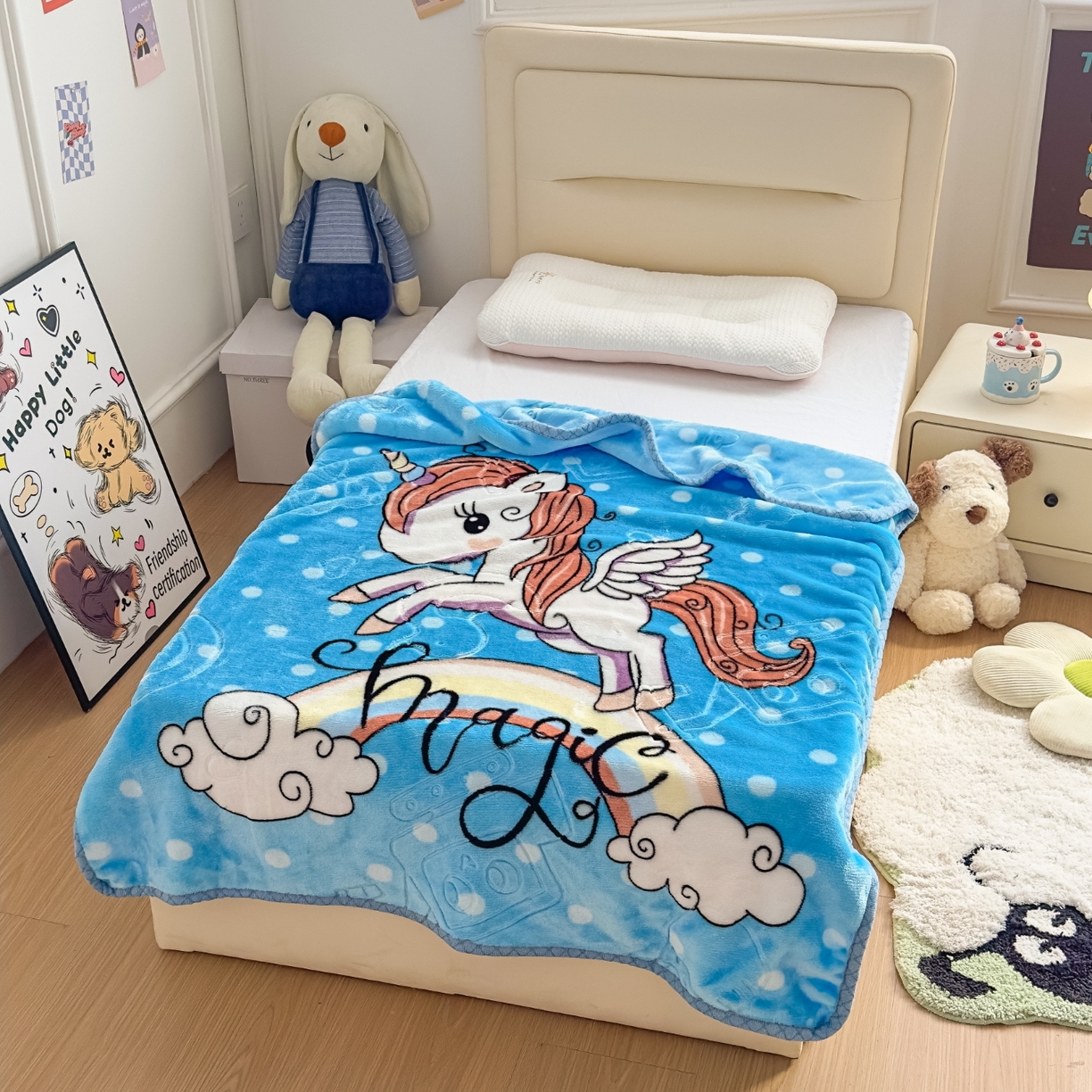 91家纺网 家纺一手货源 找家纺 悦织湾家纺 2025新款拉舍尔双层云绒童毯毯子卡通休闲沙发盖毯毛毯儿童婴幼儿宝宝小毯子 快乐恐龙13#蓝