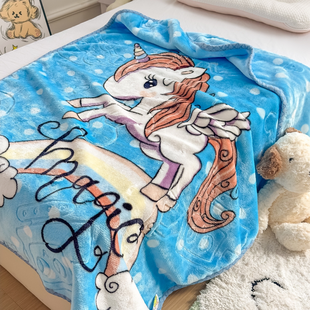 91家纺网 家纺一手货源 找家纺 悦织湾家纺 2025新款拉舍尔双层云绒童毯毯子卡通休闲沙发盖毯毛毯儿童婴幼儿宝宝小毯子 快乐恐龙13#蓝