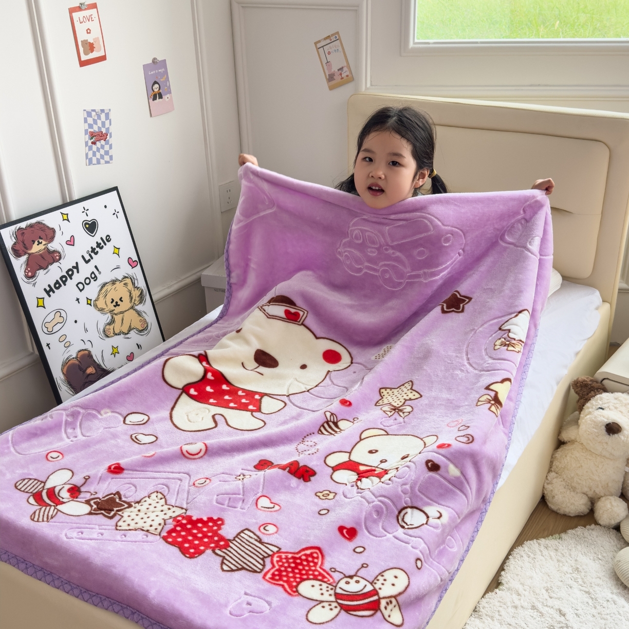 91家纺网 家纺一手货源 找家纺 悦织湾家纺 2025新款拉舍尔双层云绒童毯毯子卡通休闲沙发盖毯毛毯儿童婴幼儿宝宝小毯子 甜蜜生活23#紫色