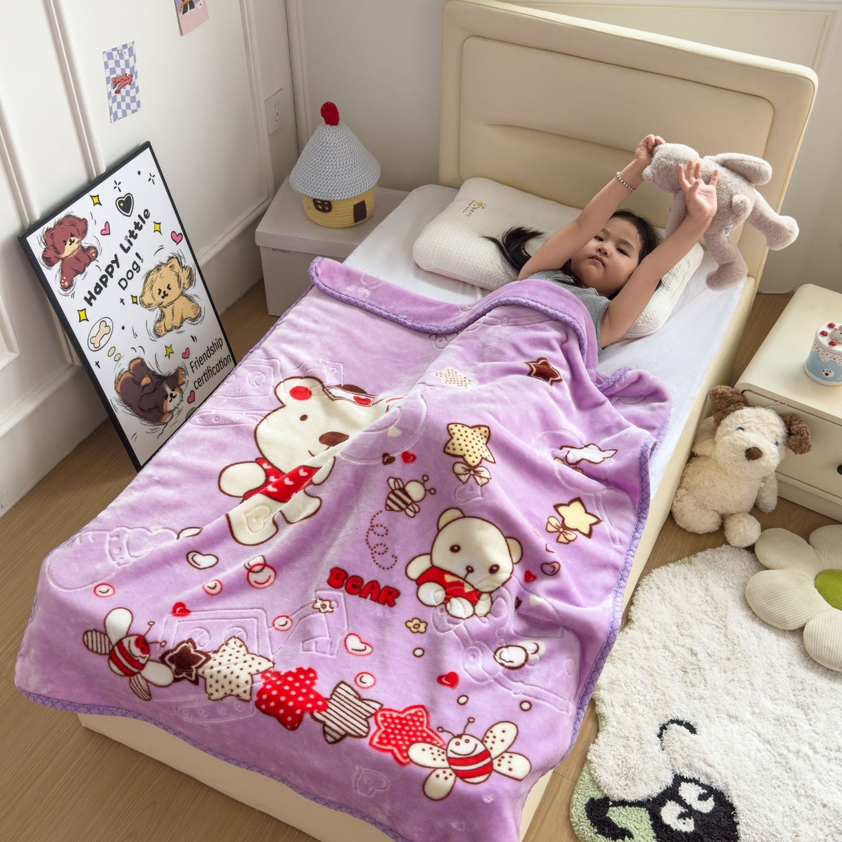 91家纺网 家纺一手货源 找家纺 悦织湾家纺 2025新款拉舍尔双层云绒童毯毯子卡通休闲沙发盖毯毛毯儿童婴幼儿宝宝小毯子 甜蜜生活23#紫色