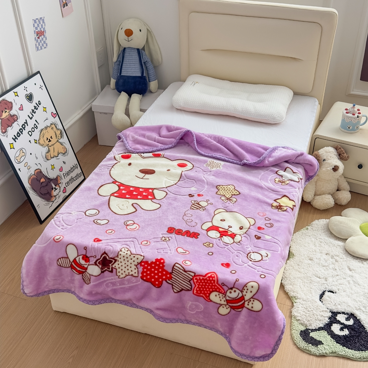 91家纺网 家纺一手货源 找家纺 悦织湾家纺 2025新款拉舍尔双层云绒童毯毯子卡通休闲沙发盖毯毛毯儿童婴幼儿宝宝小毯子 甜蜜生活23#紫色