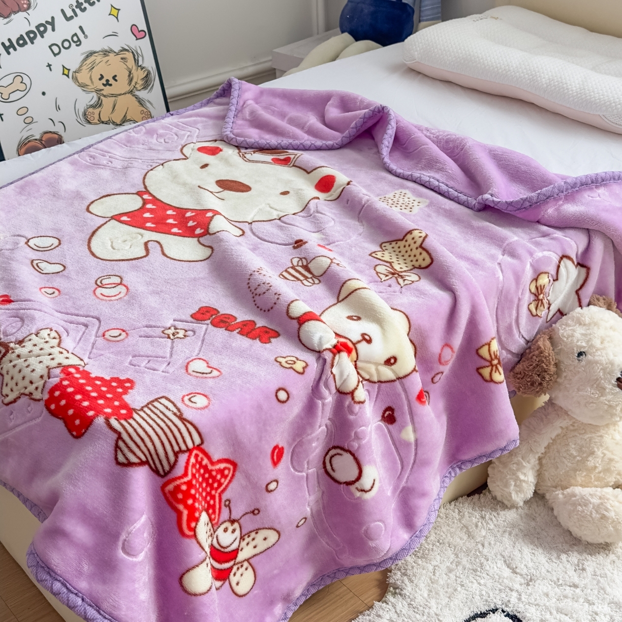 91家纺网 家纺一手货源 找家纺 悦织湾家纺 2025新款拉舍尔双层云绒童毯毯子卡通休闲沙发盖毯毛毯儿童婴幼儿宝宝小毯子 甜蜜生活23#紫色