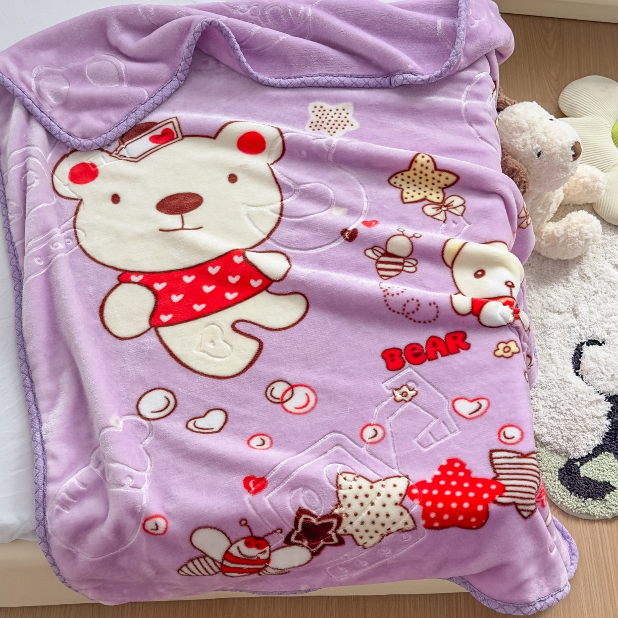 91家纺网 家纺一手货源 找家纺 悦织湾家纺 2025新款拉舍尔双层云绒童毯毯子卡通休闲沙发盖毯毛毯儿童婴幼儿宝宝小毯子 甜蜜生活23#紫色