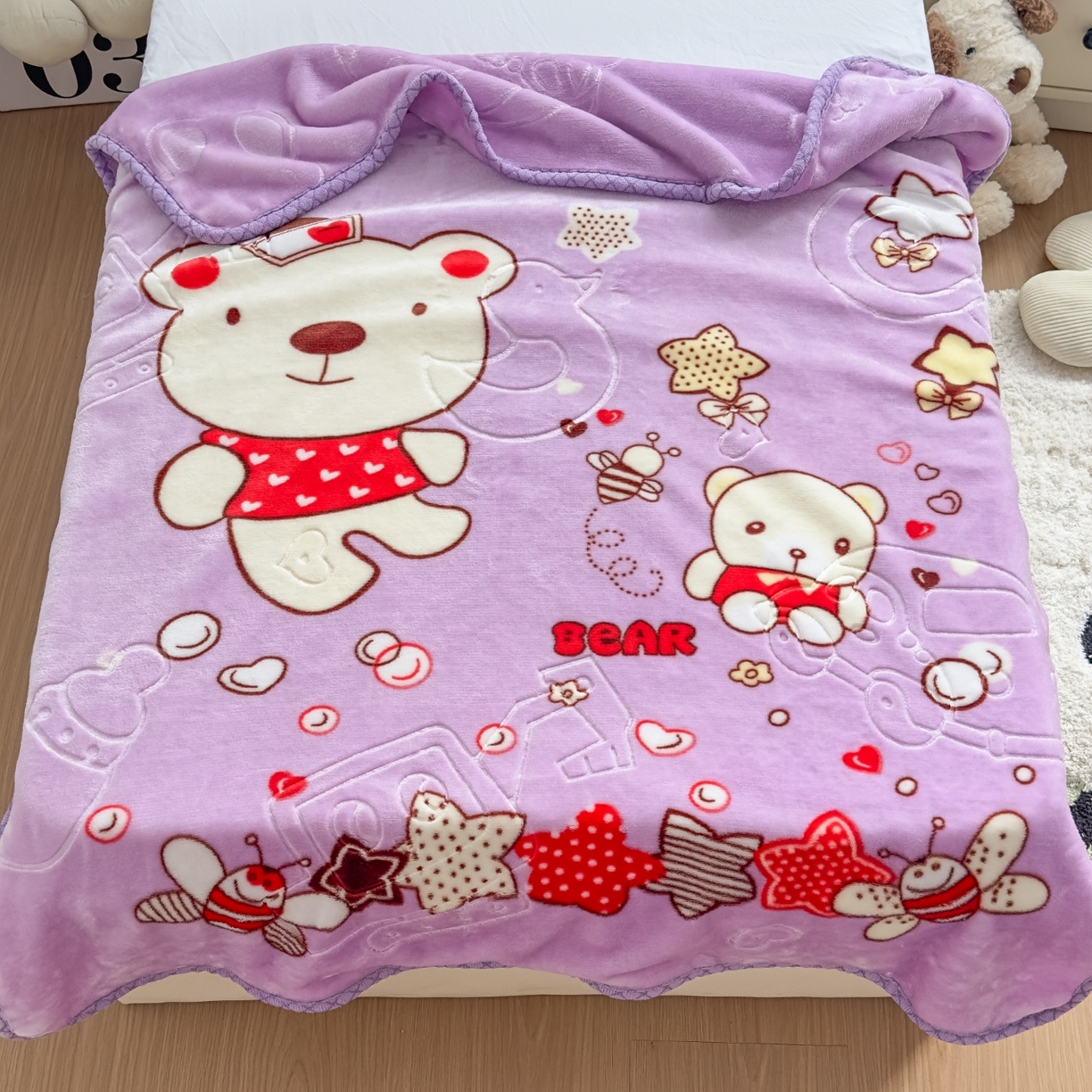 91家纺网 家纺一手货源 找家纺 悦织湾家纺 2025新款拉舍尔双层云绒童毯毯子卡通休闲沙发盖毯毛毯儿童婴幼儿宝宝小毯子 甜蜜生活23#紫色