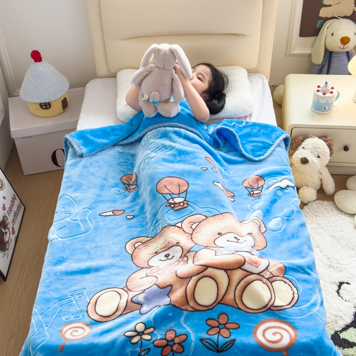 91家纺网 家纺一手货源 找家纺 悦织湾家纺 2025新款拉舍尔双层云绒童毯毯子卡通休闲沙发盖毯毛毯儿童婴幼儿宝宝小毯子 童年伙伴17#蓝
