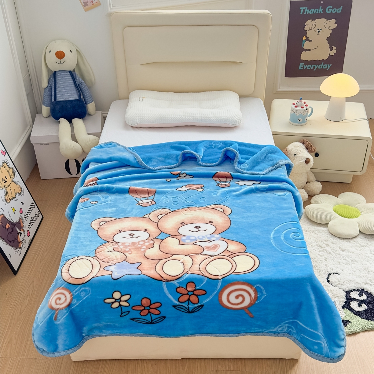 91家纺网 家纺一手货源 找家纺 悦织湾家纺 2025新款拉舍尔双层云绒童毯毯子卡通休闲沙发盖毯毛毯儿童婴幼儿宝宝小毯子 童年伙伴17#蓝