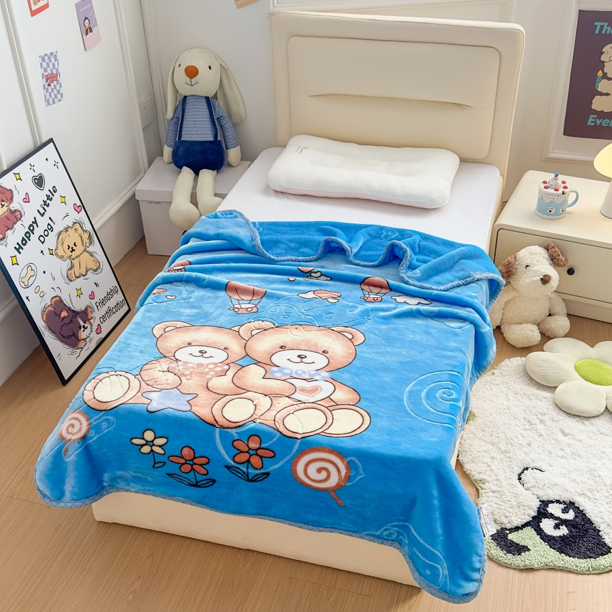91家纺网 家纺一手货源 找家纺 悦织湾家纺 2025新款拉舍尔双层云绒童毯毯子卡通休闲沙发盖毯毛毯儿童婴幼儿宝宝小毯子 童年伙伴17#蓝