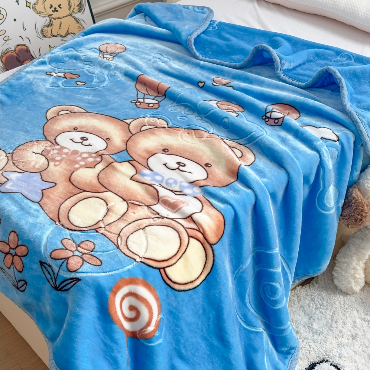 91家纺网 家纺一手货源 找家纺 悦织湾家纺 2025新款拉舍尔双层云绒童毯毯子卡通休闲沙发盖毯毛毯儿童婴幼儿宝宝小毯子 童年伙伴17#蓝