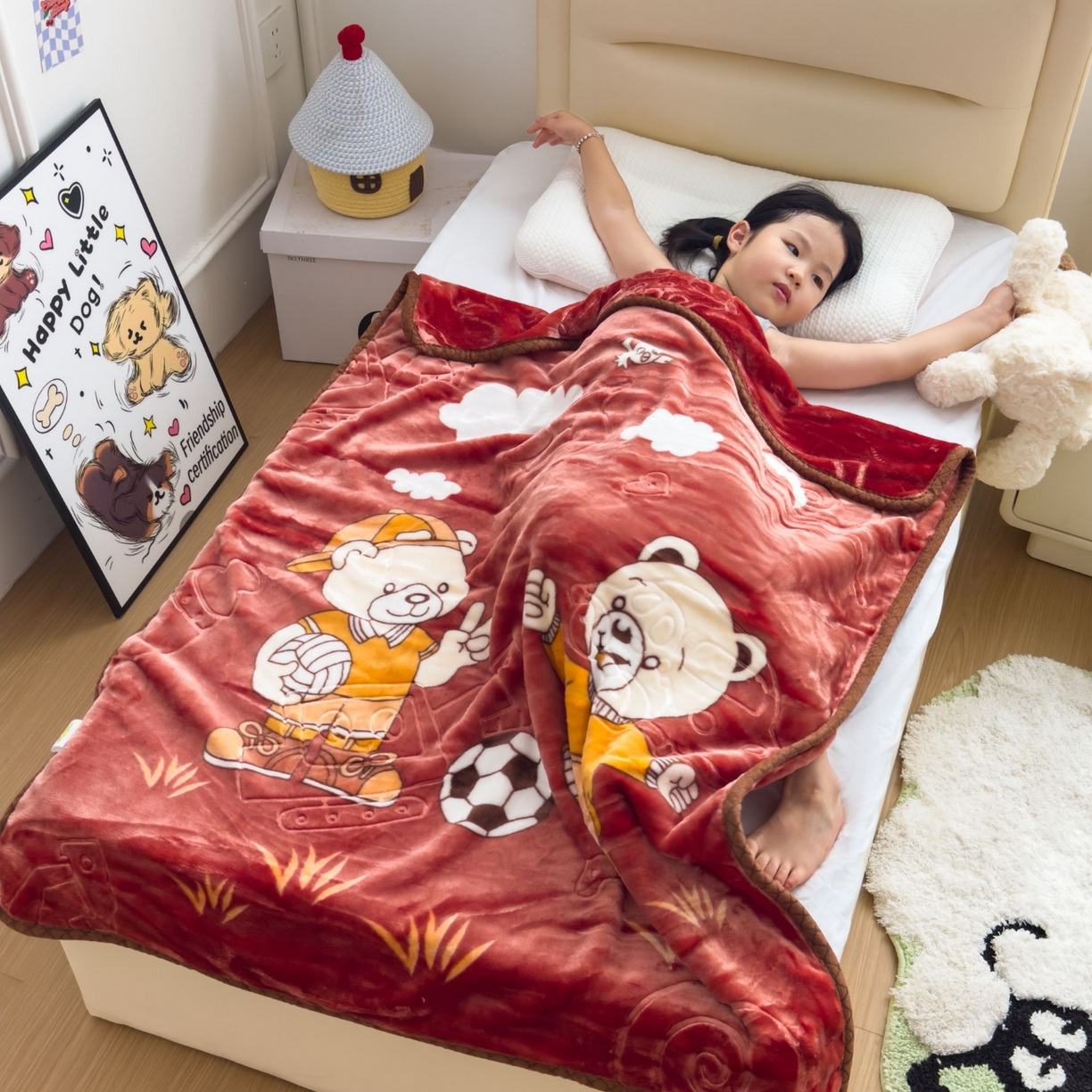 91家纺网 家纺一手货源 找家纺 悦织湾家纺 2025新款拉舍尔双层云绒童毯毯子卡通休闲沙发盖毯毛毯儿童婴幼儿宝宝小毯子 足球健将4#咖啡色