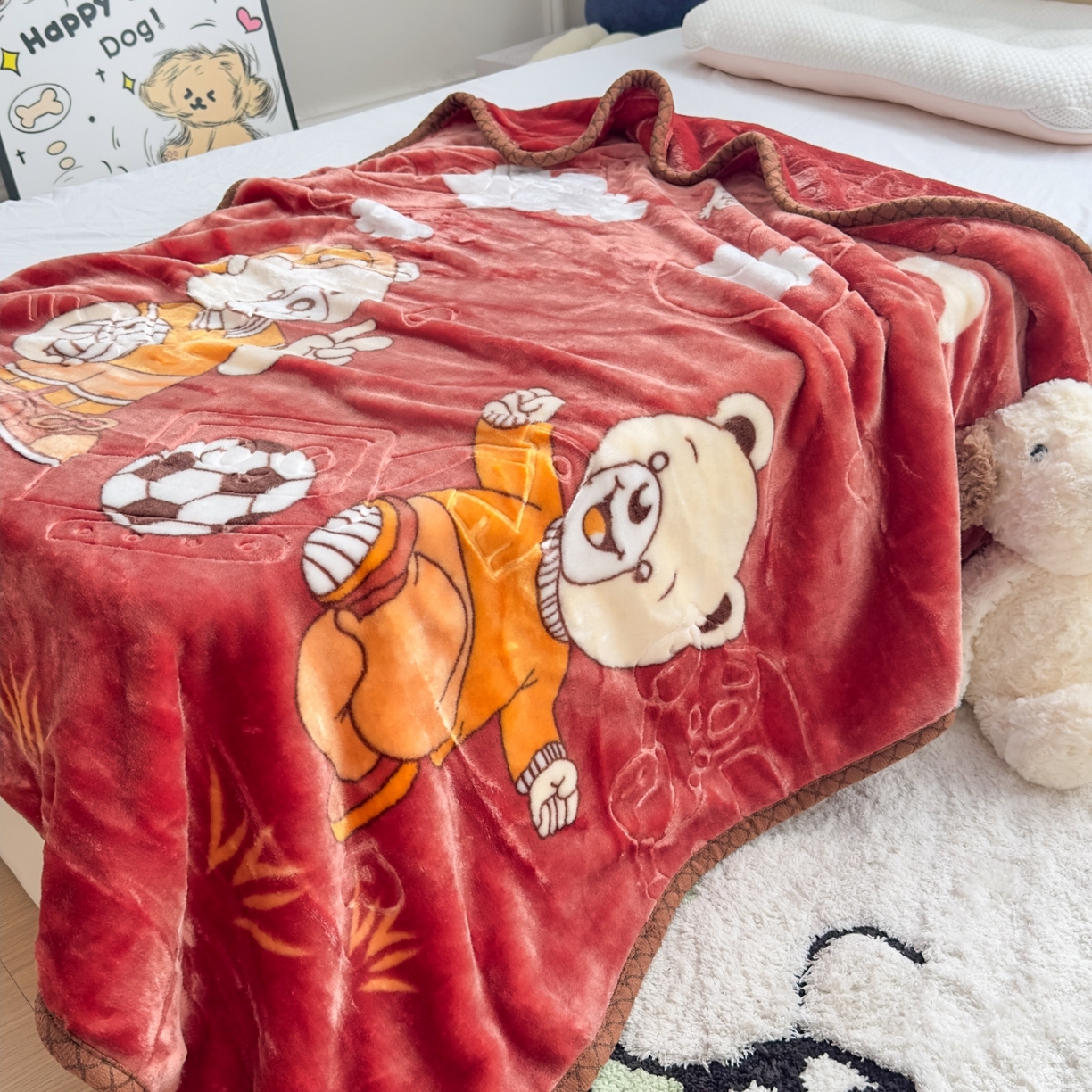 91家纺网 家纺一手货源 找家纺 悦织湾家纺 2025新款拉舍尔双层云绒童毯毯子卡通休闲沙发盖毯毛毯儿童婴幼儿宝宝小毯子 足球健将4#咖啡色
