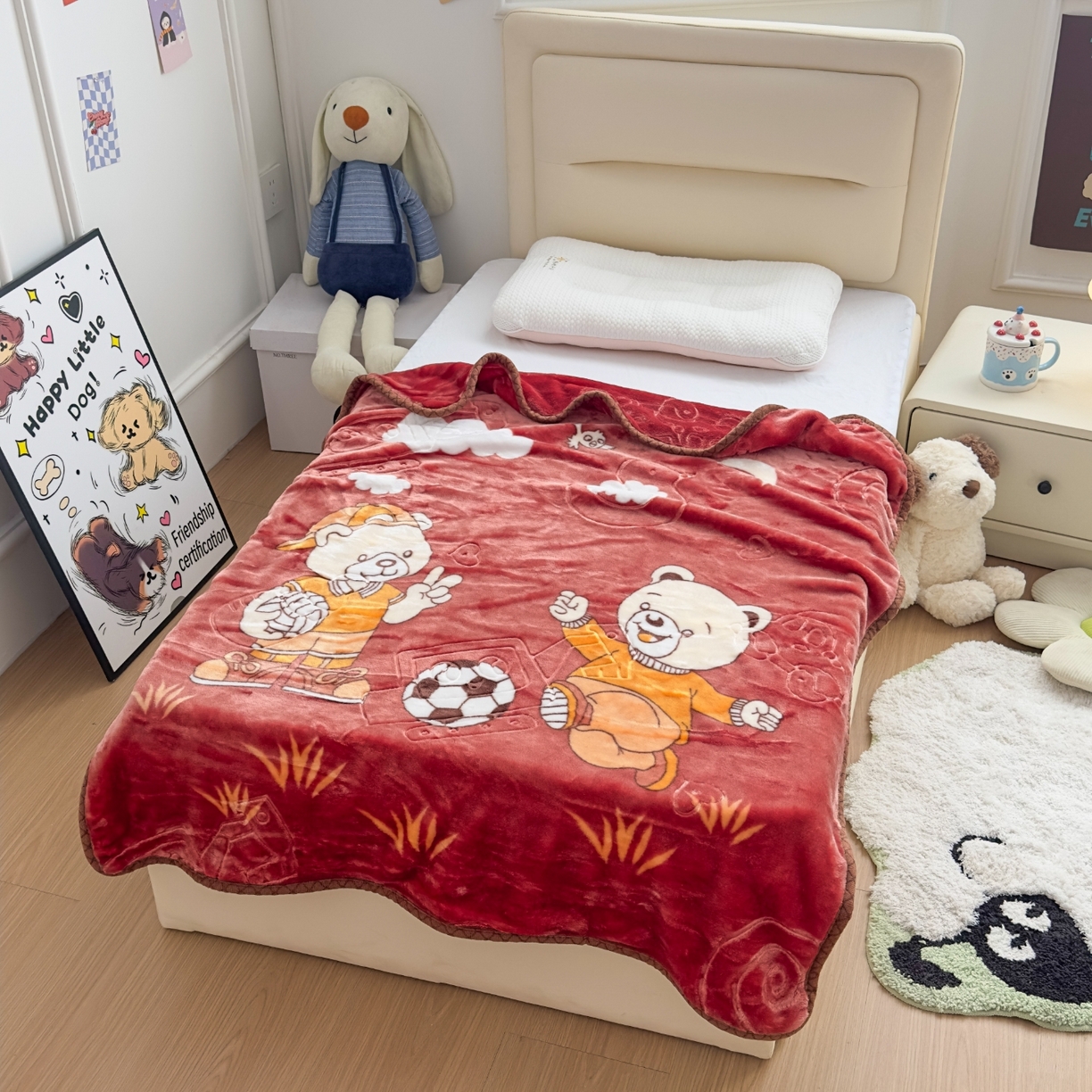 91家纺网 家纺一手货源 找家纺 悦织湾家纺 2025新款拉舍尔双层云绒童毯毯子卡通休闲沙发盖毯毛毯儿童婴幼儿宝宝小毯子 足球健将4#咖啡色