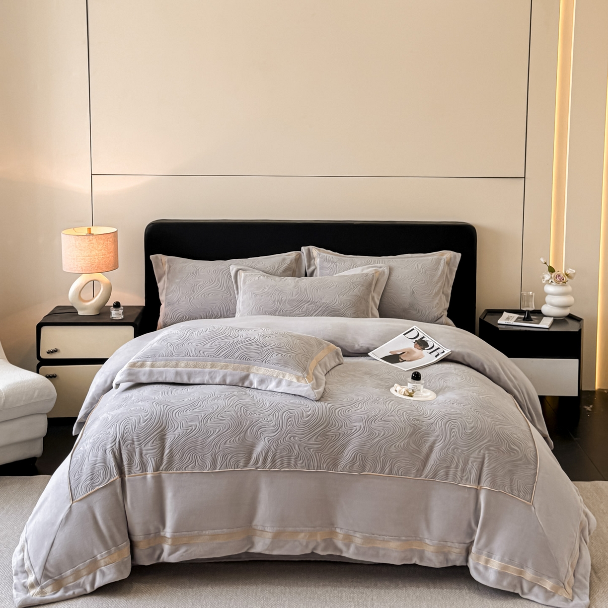 博纳家纺 2025新款加厚牛奶绒雕花刺绣拼角四件套-海韵 控价劵后248（严格按控价来） 高级灰