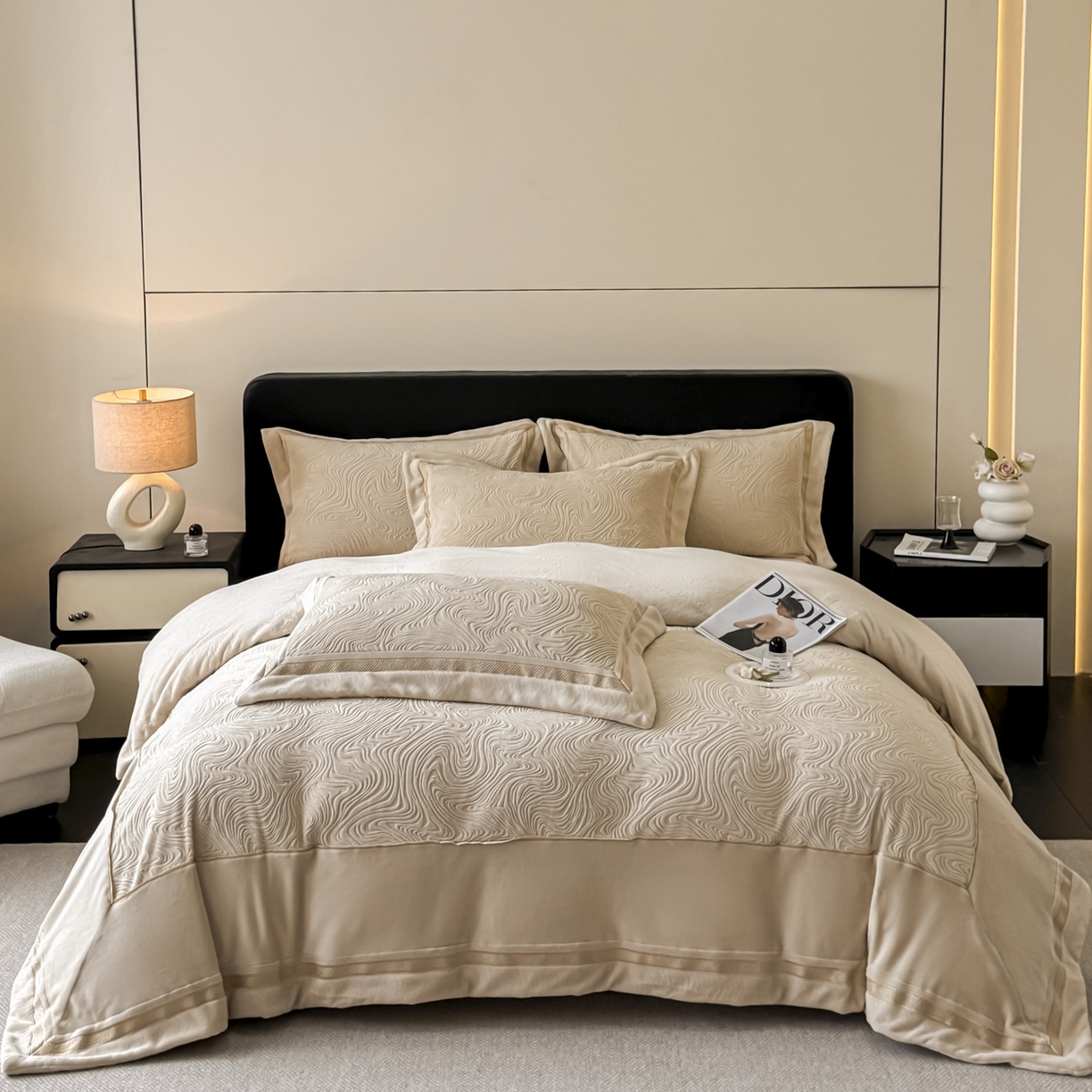 博纳家纺 2025新款加厚牛奶绒雕花刺绣拼角四件套-海韵 控价劵后248（严格按控价来） 香槟