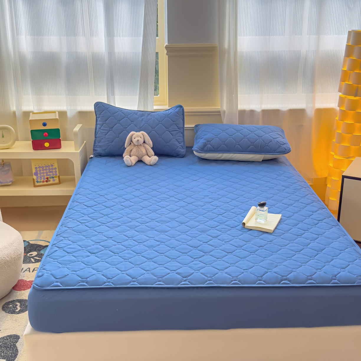 91家纺网 家纺一手货源 找家纺 慕克斯  2025新款原棉大豆抗菌夹棉防水床笠床垫保护罩-四季跑量款 蓝灰