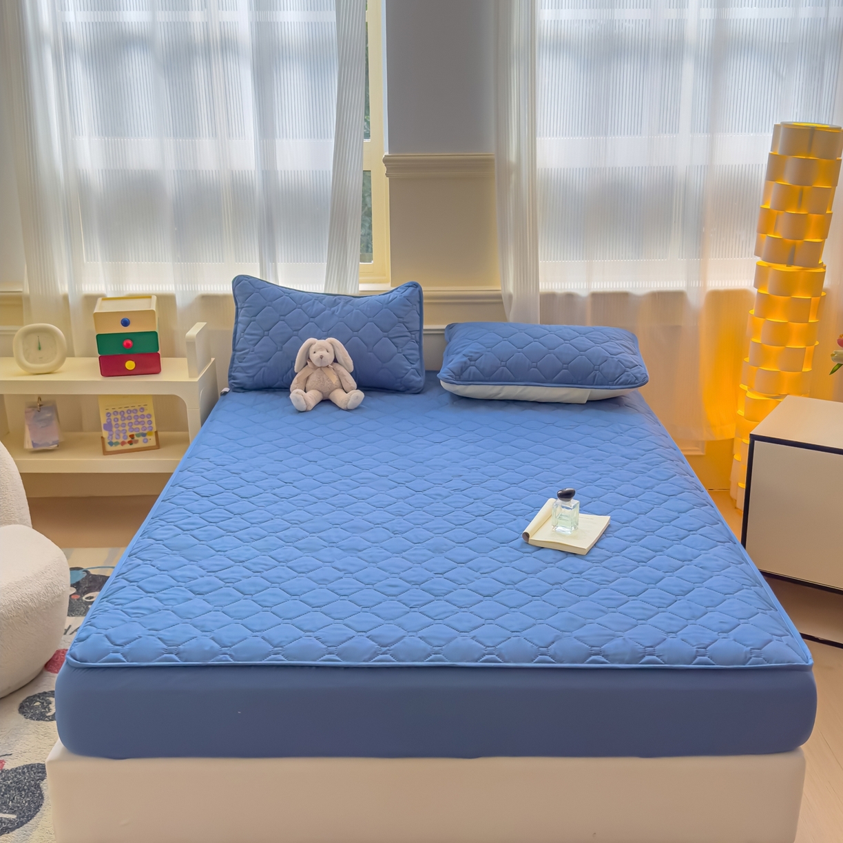 慕克斯  2025新款原棉大豆抗菌夹棉防水床笠床垫保护罩-四季跑量款 蓝灰