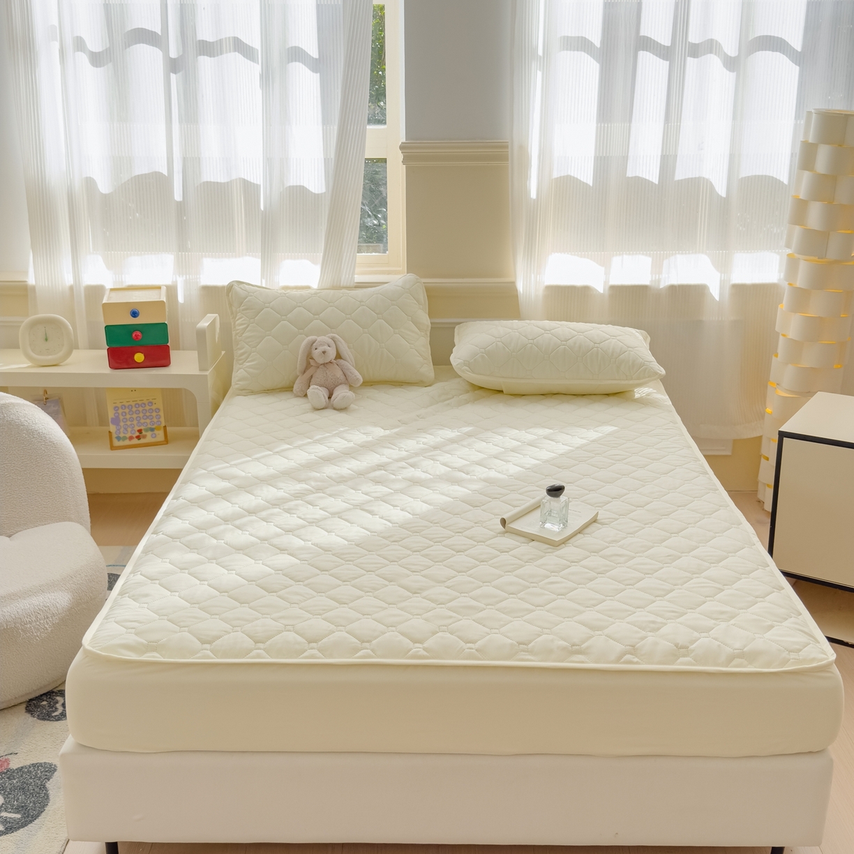  慕克斯  2025新款原棉大豆抗菌夹棉防水床笠床垫保护罩-四季跑量款 米黄