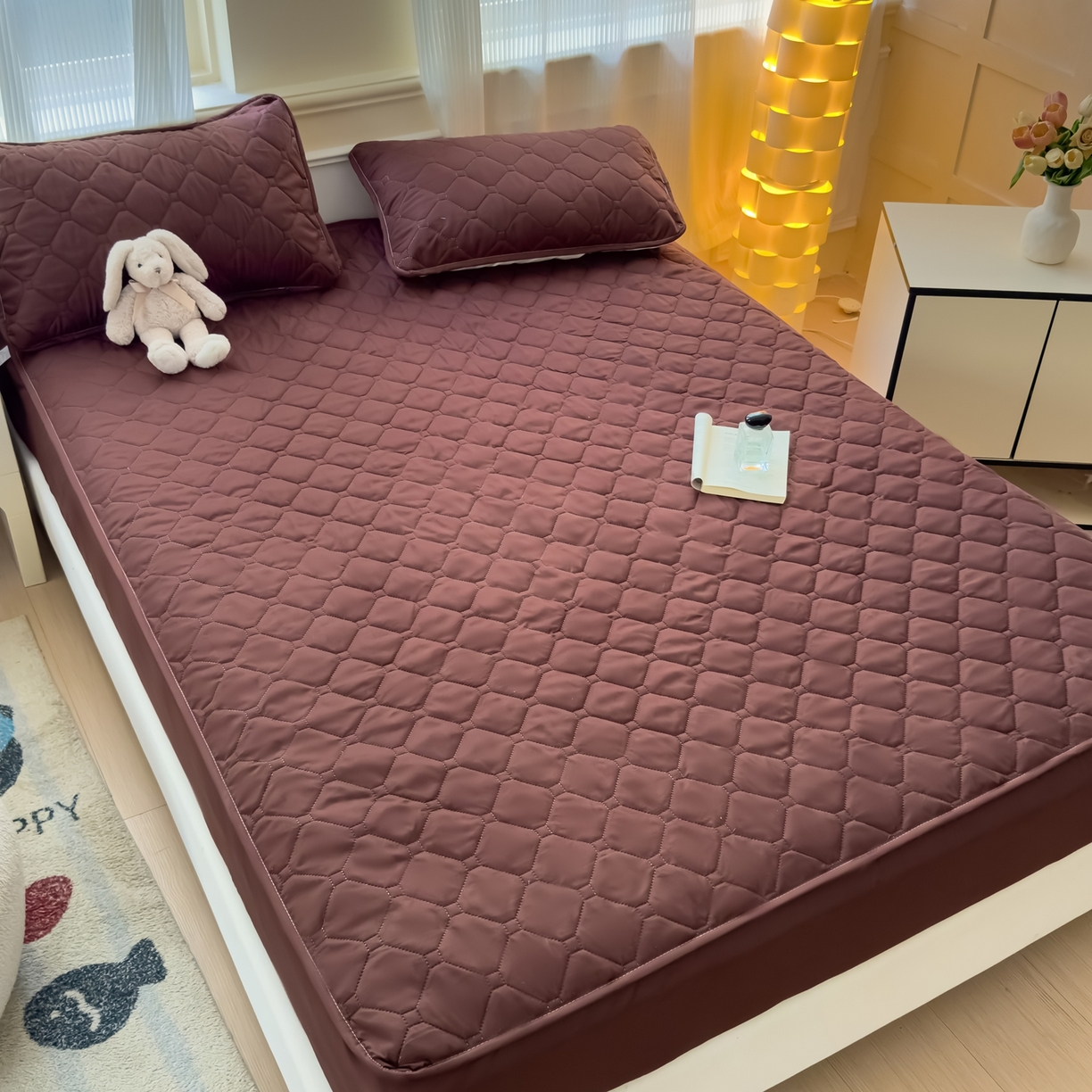 91家纺网 家纺一手货源 找家纺 慕克斯  2025新款原棉大豆抗菌夹棉防水床笠床垫保护罩-四季跑量款 深咖