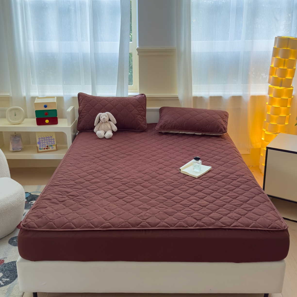 慕克斯  2025新款原棉大豆抗菌夹棉防水床笠床垫保护罩-四季跑量款 深咖