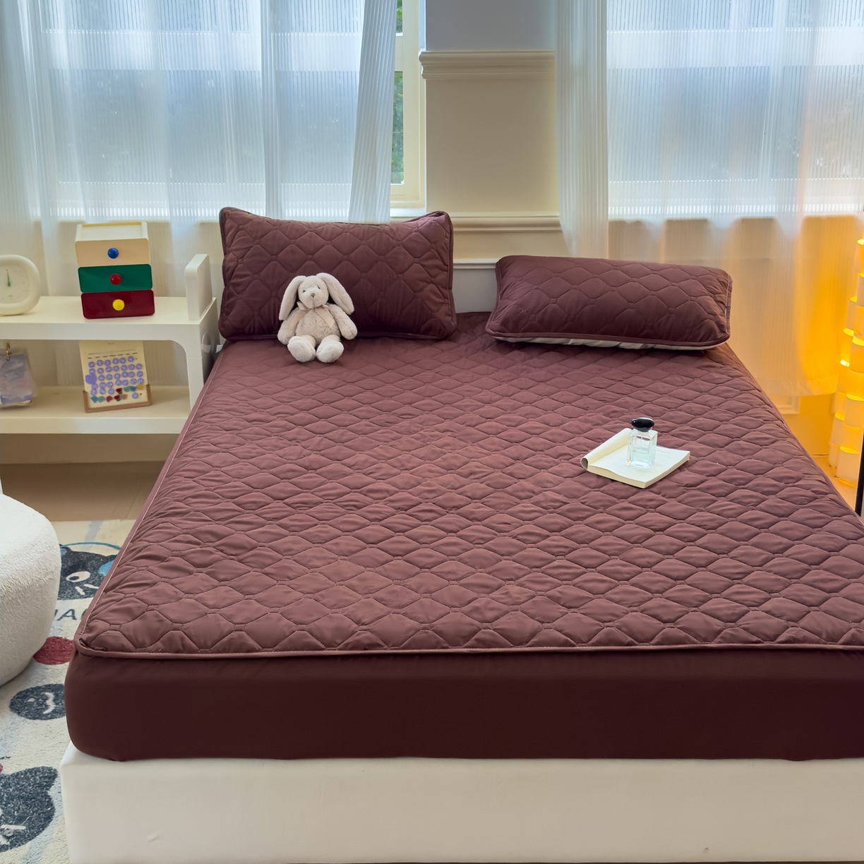 91家纺网 家纺一手货源 找家纺 慕克斯  2025新款原棉大豆抗菌夹棉防水床笠床垫保护罩-四季跑量款 深咖