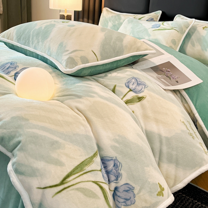 诺梵2025新款牛8斤奶绒印花包边四件套 馥郁花开-绿