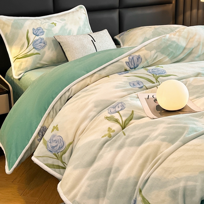 91家纺网 家纺一手货源 找家纺 诺梵2025新款牛8斤奶绒印花包边四件套 馥郁花开-绿