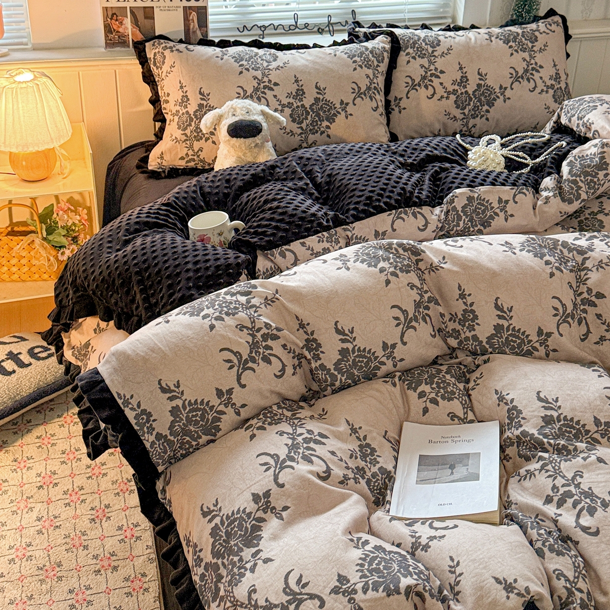 黛馨 2025秋冬新款棉加绒全棉双层纱宝宝绒工艺款花边四件套-花边款 复古慕斯-花边款