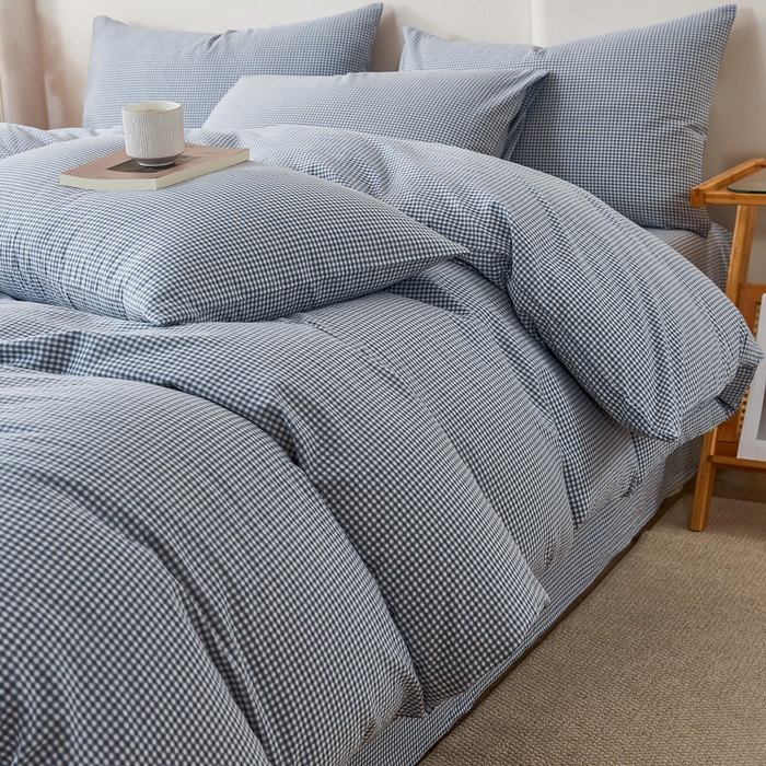 91家纺网 家纺一手货源 找家纺 九沐良品 2025新款全棉色织水洗棉四件套 巴厘岛-蓝