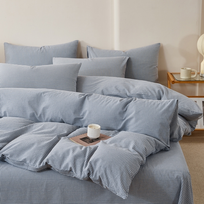 91家纺网 家纺一手货源 找家纺 九沐良品 2025新款全棉色织水洗棉四件套 巴厘岛-蓝