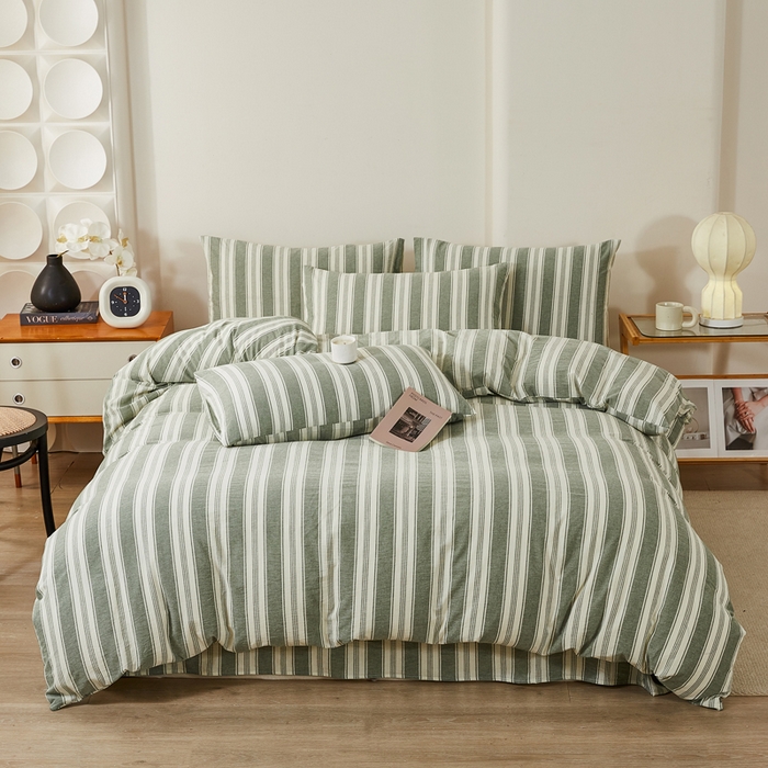 91家纺网 家纺一手货源 找家纺 九沐良品 2025新款全棉色织水洗棉四件套 拉斐尔-绿