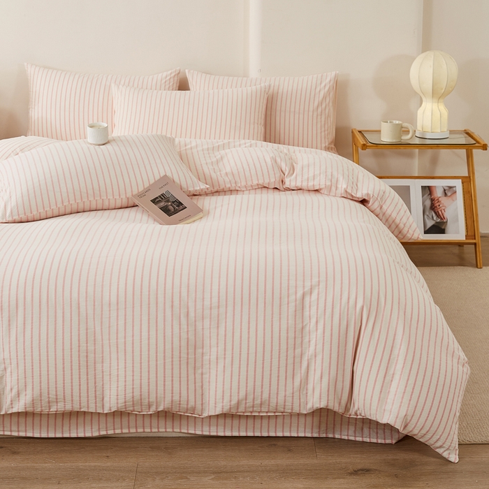 91家纺网 家纺一手货源 找家纺 九沐良品 2025新款全棉色织水洗棉四件套 青春-粉