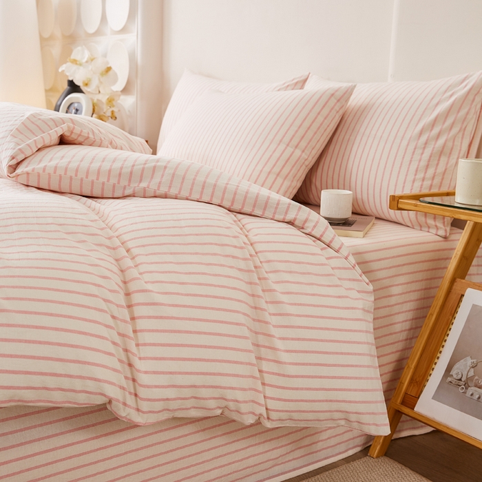 91家纺网 家纺一手货源 找家纺 九沐良品 2025新款全棉色织水洗棉四件套 青春-粉