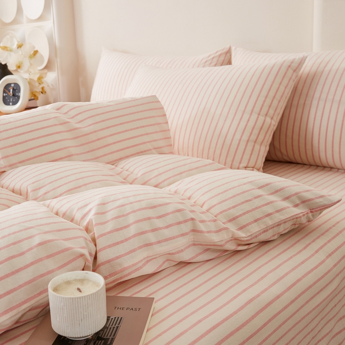 91家纺网 家纺一手货源 找家纺 九沐良品 2025新款全棉色织水洗棉四件套 青春-粉