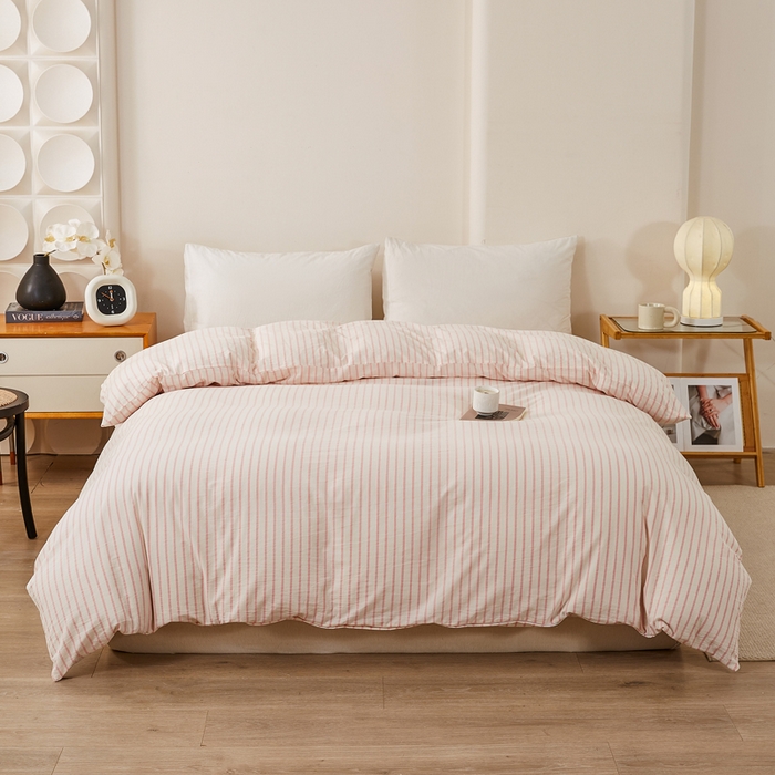 91家纺网 家纺一手货源 找家纺 九沐良品 2025新款全棉色织水洗棉四件套 青春-粉