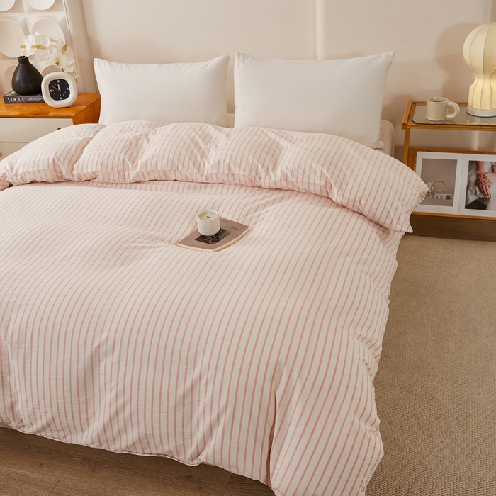 91家纺网 家纺一手货源 找家纺 九沐良品 2025新款全棉色织水洗棉四件套 青春-粉