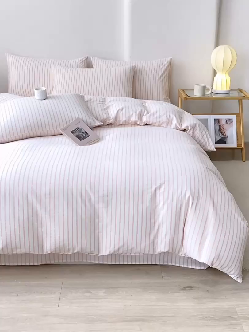 91家纺网 家纺一手货源 找家纺 九沐良品 2025新款全棉色织水洗棉四件套 青春-粉