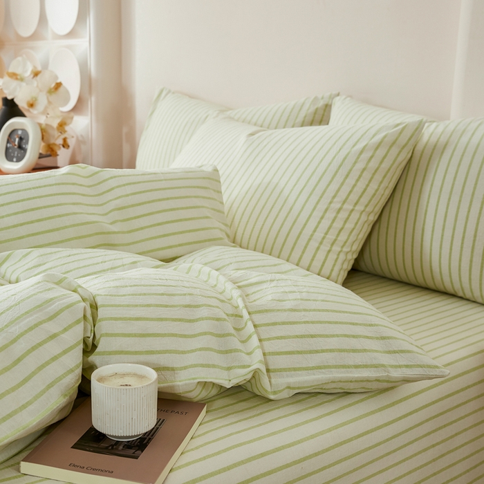 91家纺网 家纺一手货源 找家纺 九沐良品 2025新款全棉色织水洗棉四件套 青春-绿