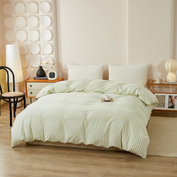 91家纺网 家纺一手货源 找家纺 九沐良品 2025新款全棉色织水洗棉四件套 青春-绿