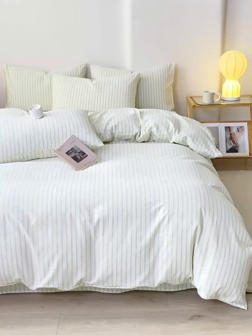 91家纺网 家纺一手货源 找家纺 九沐良品 2025新款全棉色织水洗棉四件套 青春-绿