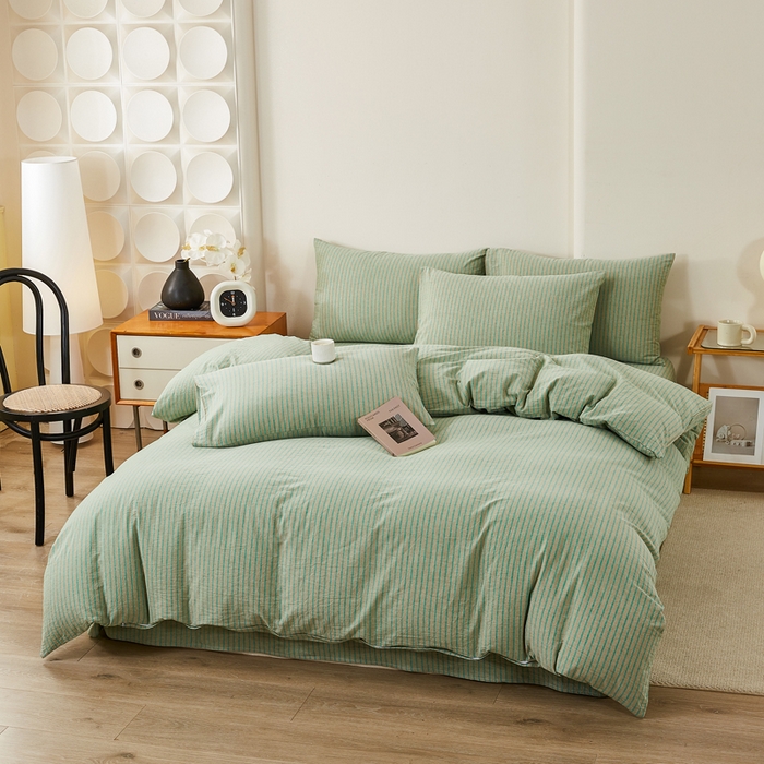 91家纺网 家纺一手货源 找家纺 九沐良品 2025新款全棉色织水洗棉四件套 维克多绿