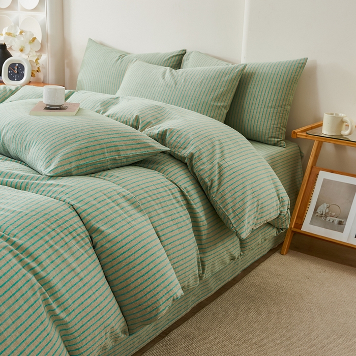 91家纺网 家纺一手货源 找家纺 九沐良品 2025新款全棉色织水洗棉四件套 维克多绿