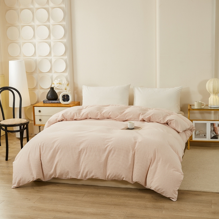 91家纺网 家纺一手货源 找家纺 九沐良品 2025新款全棉色织水洗棉四件套 细条纹-豆沙