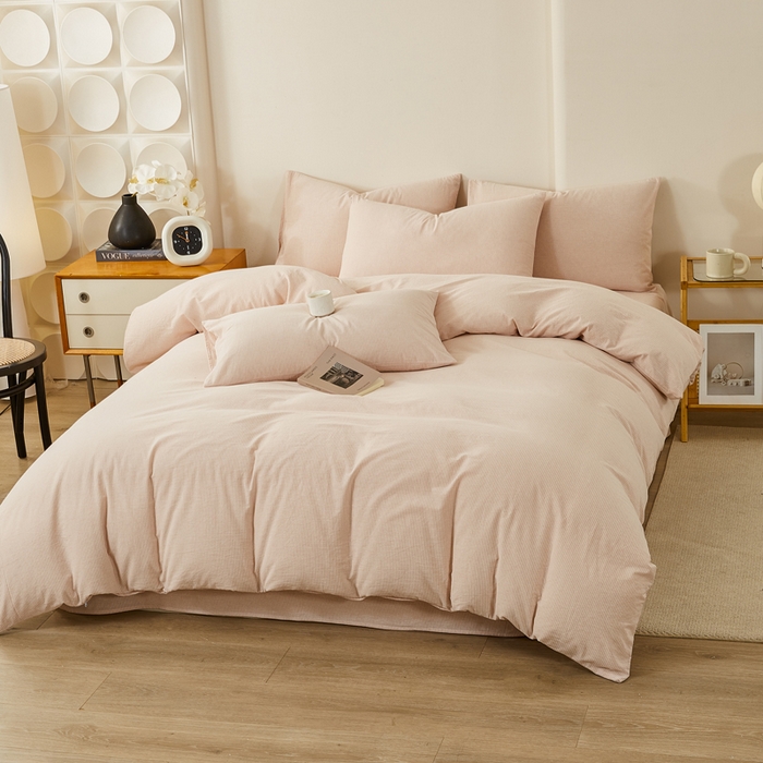 91家纺网 家纺一手货源 找家纺 九沐良品 2025新款全棉色织水洗棉四件套 细条纹-豆沙