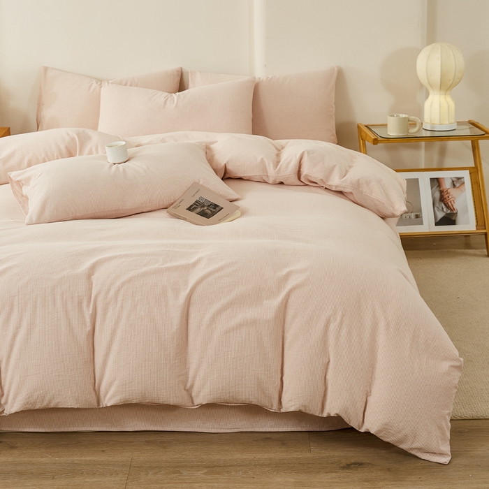 91家纺网 家纺一手货源 找家纺 九沐良品 2025新款全棉色织水洗棉四件套 细条纹-豆沙