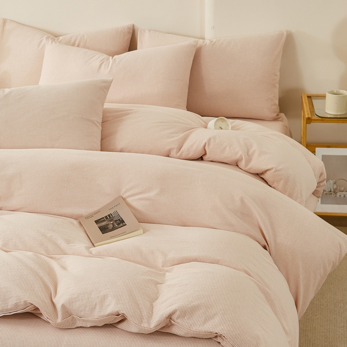 91家纺网 家纺一手货源 找家纺 九沐良品 2025新款全棉色织水洗棉四件套 细条纹-豆沙