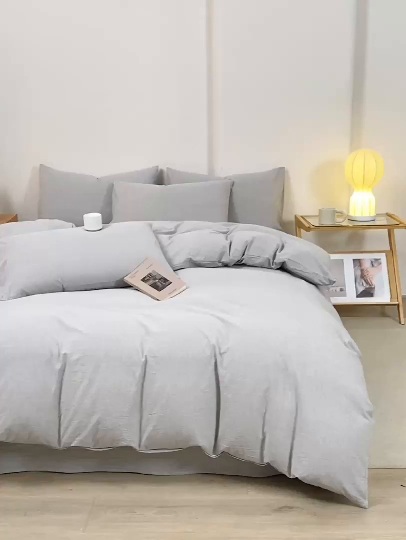 91家纺网 家纺一手货源 找家纺 九沐良品 2025新款全棉色织水洗棉四件套 细条纹-灰